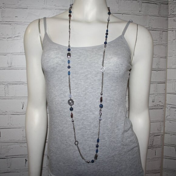 Vintagejelyfish Jewelry - Beautiful silver, gold and copper necklace with blue beads 48-51"